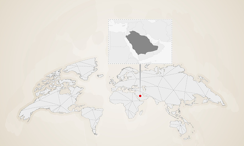 沙特阿拉伯地图与邻国钉在世界地图上。