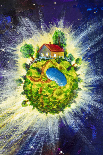 垂直油画童话和书籍的绘画插画-小舒适的绿色星球与乡村房屋。奇幻油画、小王子星球奇幻概念艺术