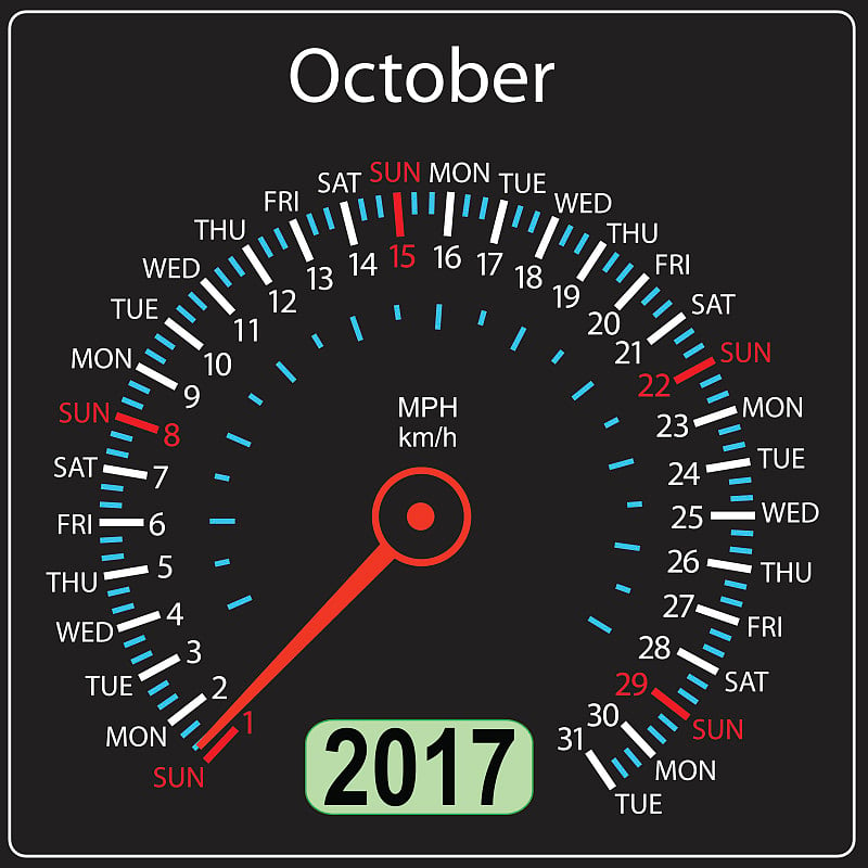 2017年历法车速计车在矢量。10月