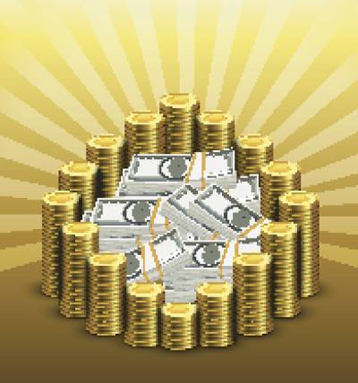 纸币和黄金的硬币