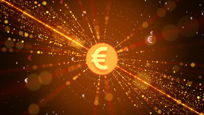 技术背景上发光的欧元符号。股票市场和交易所。