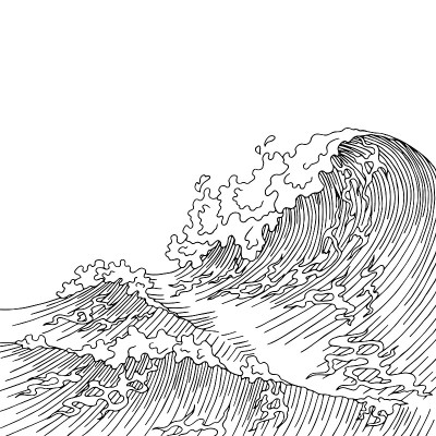 海浪图形冲浪黑白景观素描插图矢量