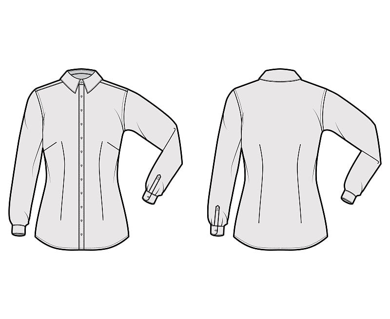 衬衫合身的技术时尚插图与肘折长袖，修身，省道，钮扣，常规领