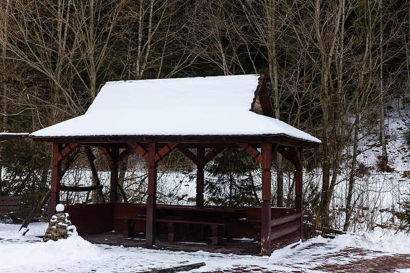 冬天的风景。白雪覆盖的花园凉亭