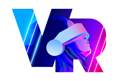 VR letters composition. Woman wearing virtual or a