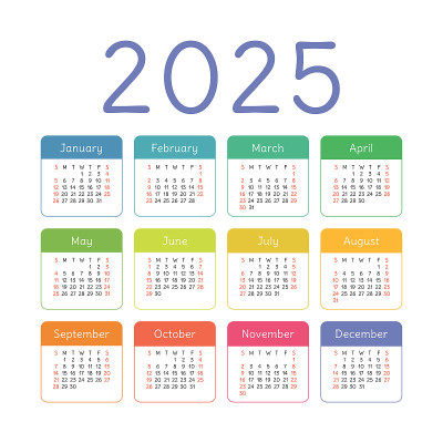 日历2025年。英文彩色矢量方口袋或墙压延机模板。孩子的颜色。时髦的设计。一周从周日开始