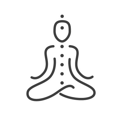 简单的矢量轮廓图标。冥想人体轮廓与七个脉轮。瑜伽和冥想的象征。冥想和精神健康中心的标志模板。