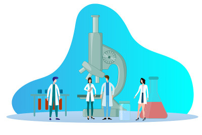 穿白大褂的人在实验室里用显微镜从事科学工作