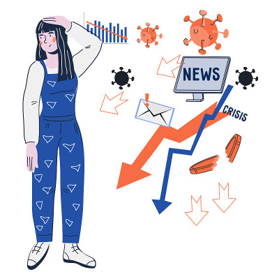 年轻女子厌倦新闻超载，平面卡通矢量插图孤立。