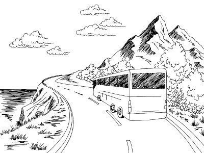 巴士旅行道路图形黑白景观素描插图矢量