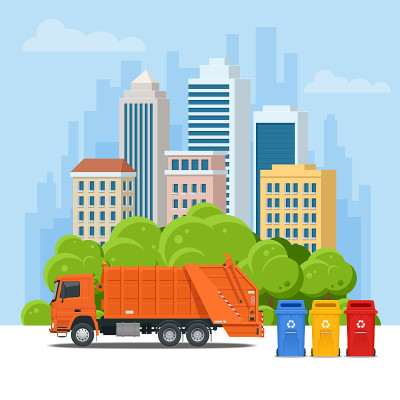 城市里的垃圾车或回收车。垃圾回收利用设备。用垃圾车回收城市垃圾的概念。矢量图
