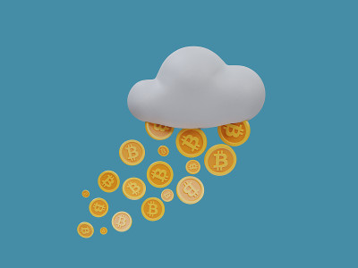3D渲染插图比特币加密货币下雨财富天气云