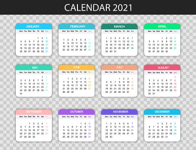 2021年的日历模板。2021年周一开始