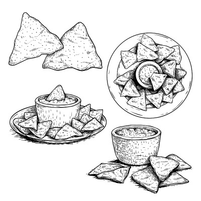 玉米片素描风格集。单份，一份装盘，配辣酱玉米片。前视图。传统墨西哥美食收藏。手绘。复古的风格。矢量插
