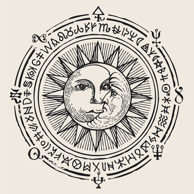 带有手绘太阳、月亮和魔法标志的横幅