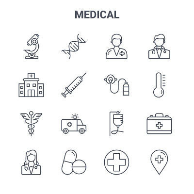 set of 16 medical concept vector line icons. 64x64