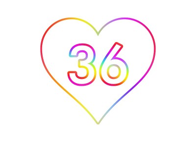 数字36成白色的心与彩虹色的轮廓。
