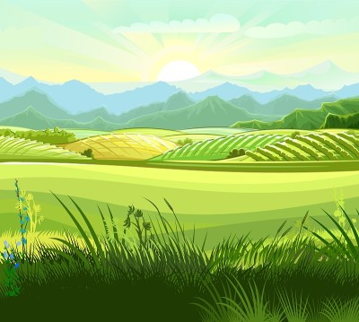 农村山。风景。向量。为奶牛提供牧草，为菜园和农场提供地方。草地和树木。地平线。美丽的景色。夏天。