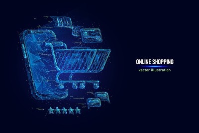 网上购物商店与手机，信用卡和商店元素。蓝色背景上的低多边形矢量插图。
