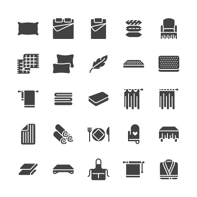 床上用品平面字形图标。矫形床垫，卧室亚麻布，枕头，床单套，毯子和羽绒被插图。室内商店的标志。固体轮廓