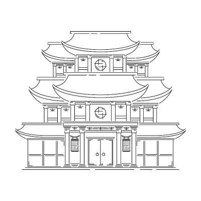 日本地标-寺庙，神社，城堡，宝塔，大门矢量插图简化旅游图标。中式、亚洲山水传统住宅。线素描。现实元素