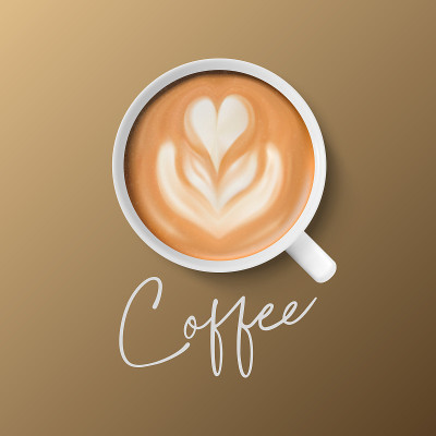 矢量3d现实陶瓷白瓷陶瓷咖啡杯，杯子特写孤立在棕色背景。泡沫咖啡，卡布奇诺，拿铁。花,心模式。设计模