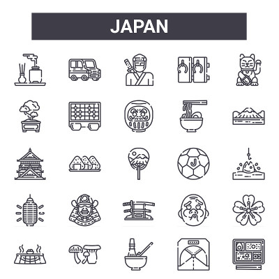 日本轮廓图标设置。包括细线图标，如kodo，盆景，足球，日本，隧道，忍者，便当，达马。可以用于报表，