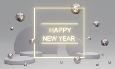 贺年文字的三维渲染概念与元素组成的背景。3D渲染。3D插图。