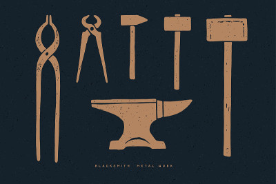 Blacksmith tools on a dark background. Set of vint
