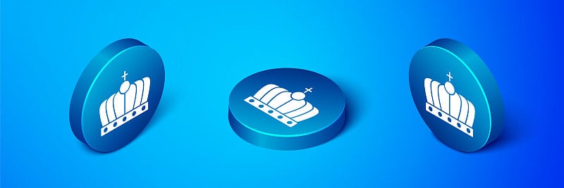 Isometric King crown icon isolated on blue backgro