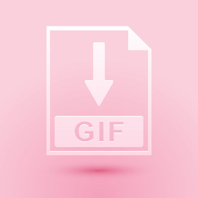 剪纸GIF文件文件图标。下载GIF按钮图标隔离在粉红色的背景。纸艺术风格。向量