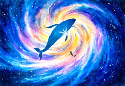 水彩画-潜水与鲸鱼在太空