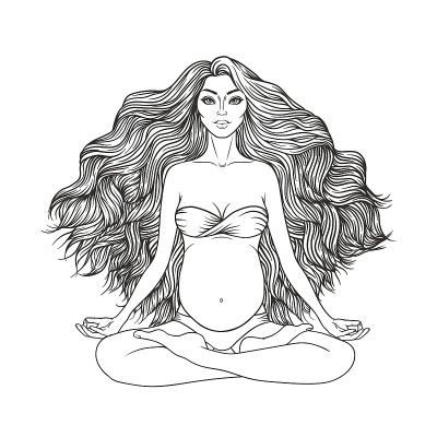 手绘矢量插图孕妇坐在莲花姿势瑜伽