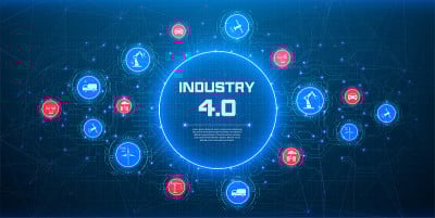 工业4.0的概念。自动化、图标流、生产数据交换技术。物联网(IoT)联网概念，用于连接设备。蜘蛛网般