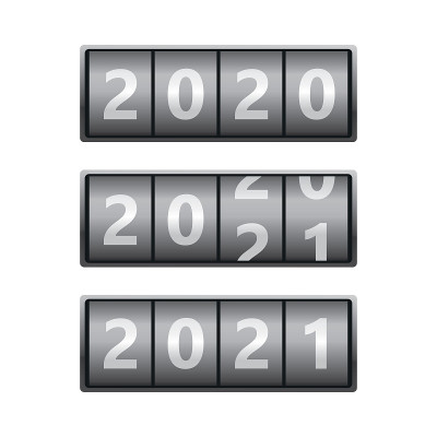 一套日历与年- 2020,2021。带年份数的翻转板倒计时计时器。新年快乐理念。现实的年记分板