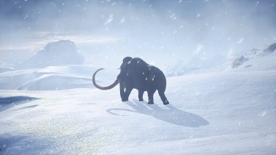 一只巨大的猛犸象正沿着积雪覆盖的冰川行走。冬季自然条件下巨大的高冰川。北极冬季景观。3 d渲染。