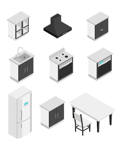当代厨房等距矢量插图