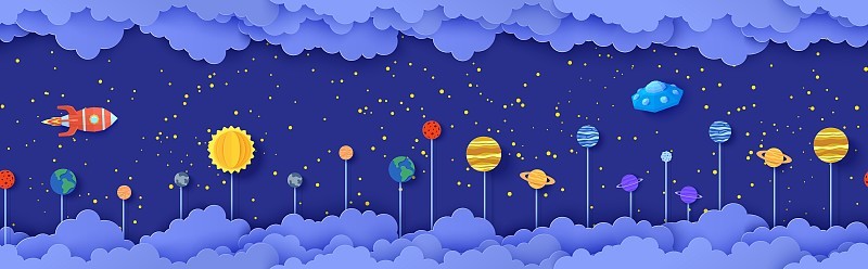 夜空无缝图案与行星贴在剪纸风格。用太空太阳系剪纸艺术剪出云雾景观的3d背景。儿童矢量折纸重复边界