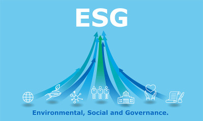 ESG，数字环境，社会和治理形象，图标和上升箭头，蓝色背景