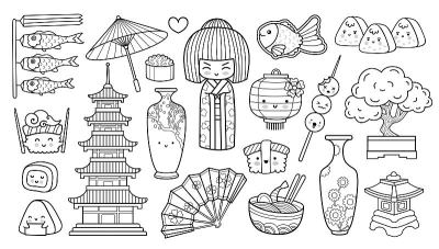 日本艺妓以乐器、扇子、伞、寿司、饭团、锦鲤等日本传统象征。图画书的涂鸦轮廓插图。