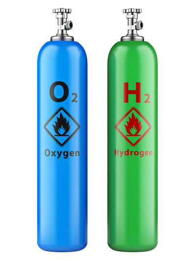 装有压缩气体的氢气和氧气瓶