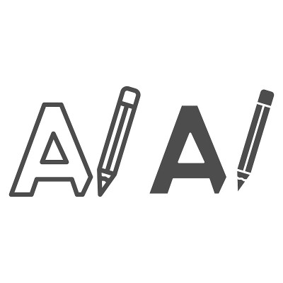 字母A和铅笔，书写线和固体图标，语言学概念，白色背景上的大A绘图矢量符号，轮廓风格图标的移动概念和网