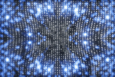蓝色矩阵数字背景。抽象的网络空间的概念。人物倒了。来自符号流的矩阵。虚拟现实设计。复杂的算法数据黑客