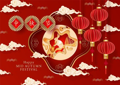 中国中秋矢量设计，金兔，灯笼，云，月亮