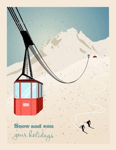 冬季景观有索道站和滑雪缆车。雪域的国家场景矢量插图。滑雪胜地的概念。用于网站、壁纸、海报或横幅