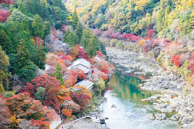 岚山的五彩树叶山和桂河，景观地标和日本京都的旅游景点。秋、秋季节，度假、度假、观光概念