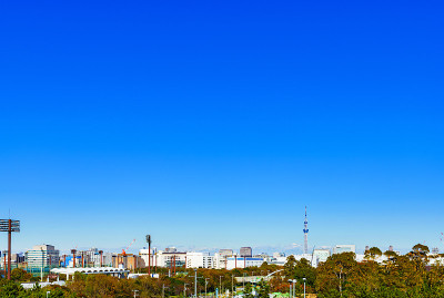 在日本秋天的蓝天背景下的东京城市景观