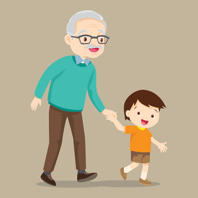 孙子和爷爷一起散步