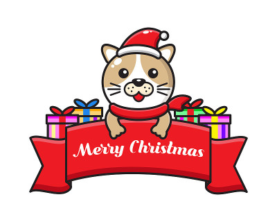 可爱的卡通狗与圣诞祝福丝带
