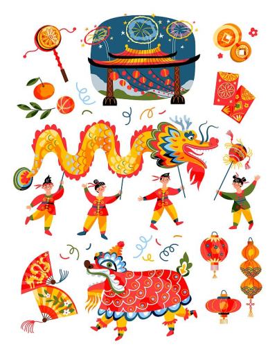中国新年庆祝元素套装。传统亚洲节日矢量插图。人们以龙、动物服装、灯笼、橘子、鞭炮、扇子为白色背景